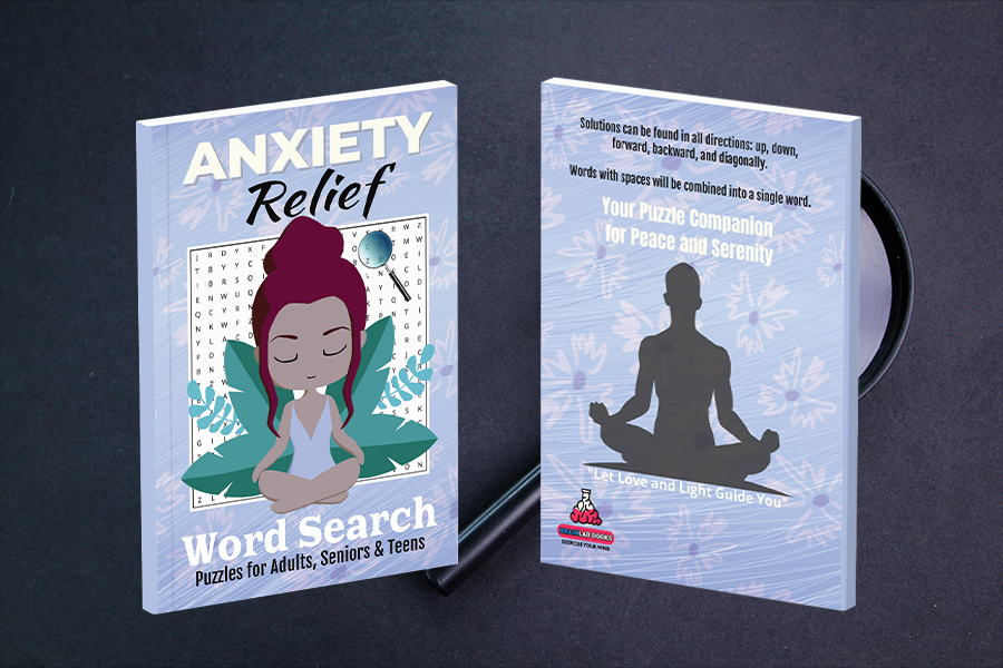 Anxiety Relief word search puzzle book designed for adults, seniors, and teens.