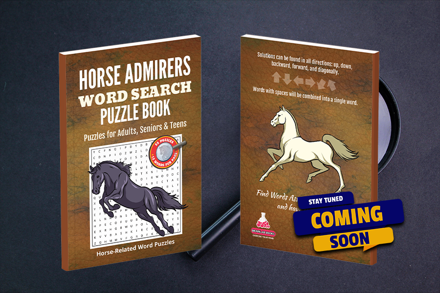 Horse word search puzzle book designed for adults, seniors, and teens.